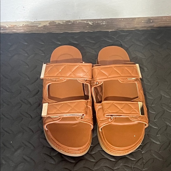 Brown Quilted Sandals with Gold Buckles - Picture 2 of 3